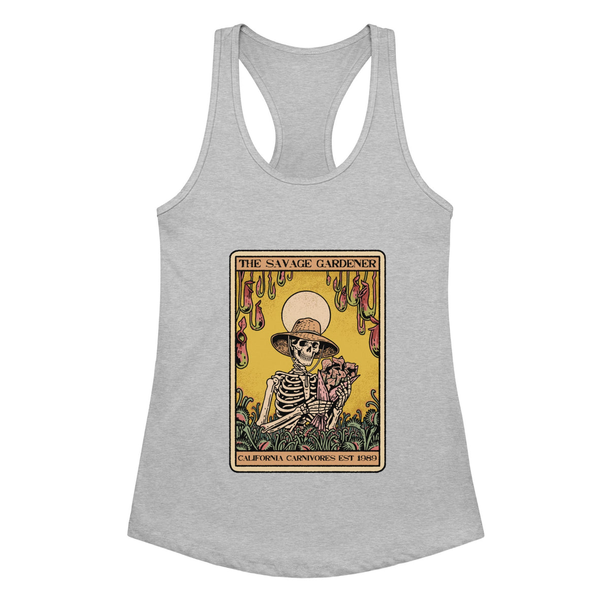 Gray tank top with a graphic design featuring a skeleton and text on a white background