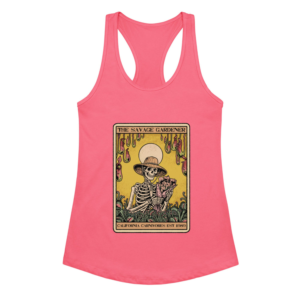 Pink tank top with a graphic design of a skeleton and text on a white background