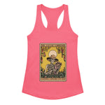 Pink tank top with a graphic design of a skeleton and text on a white background