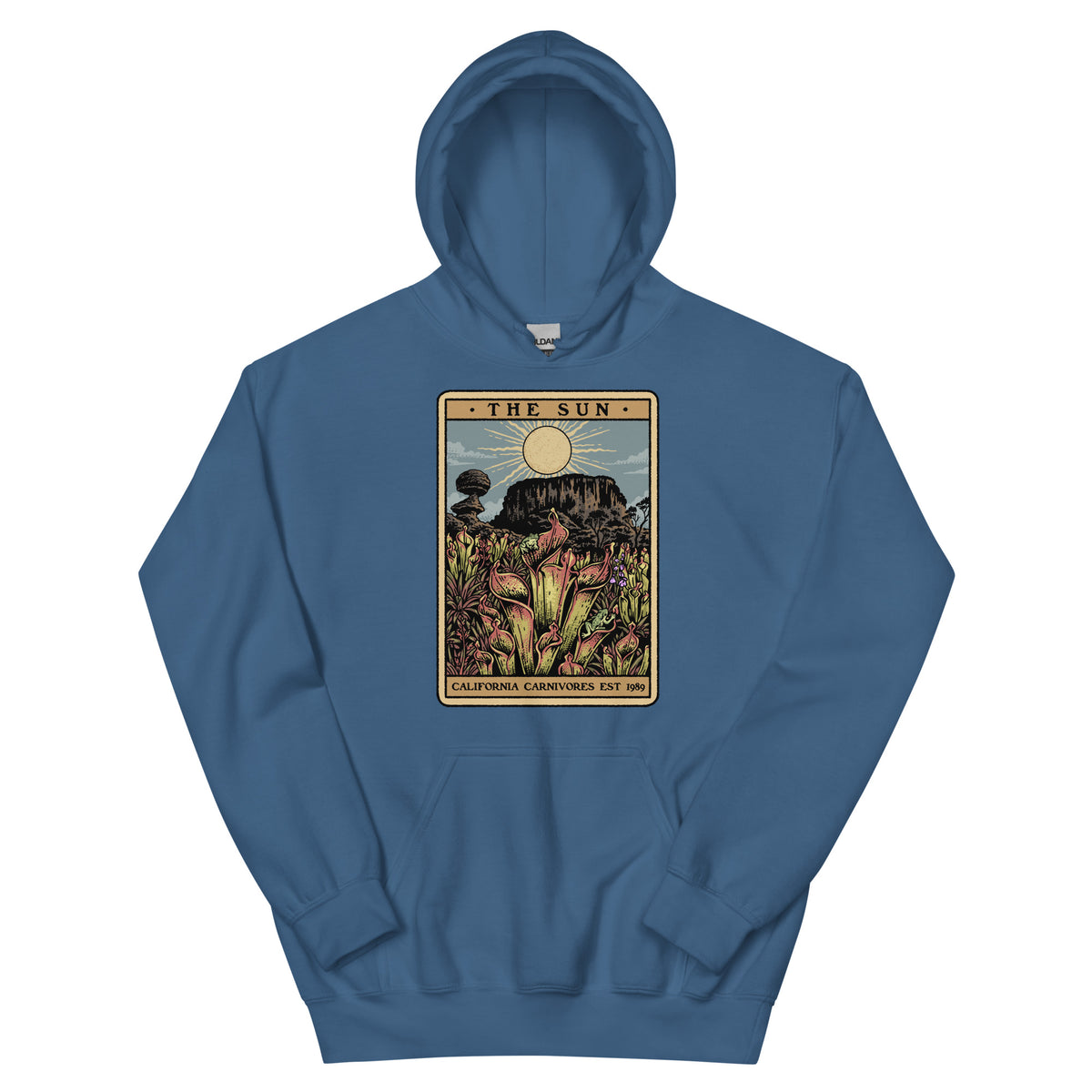 Indigo Blue Unisex hoodie with a graphic design of Heliamphora as the Sun tarot card