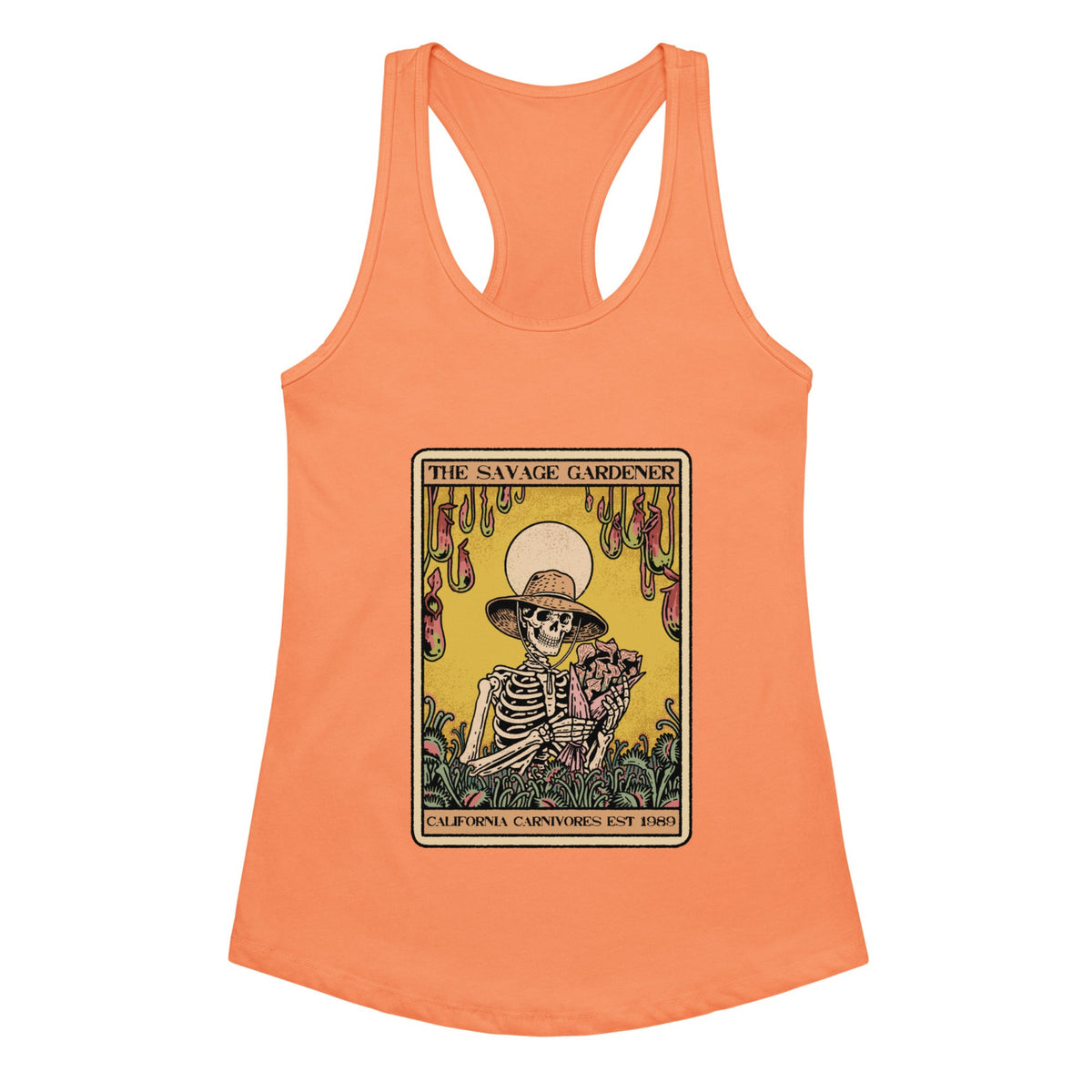 Orange tank top with a graphic design of a skeleton gardener and text on a white background