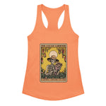 Orange tank top with a graphic design of a skeleton gardener and text on a white background