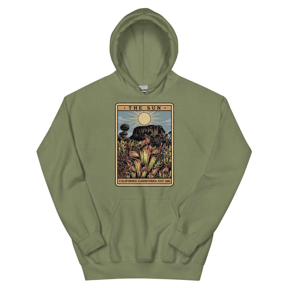 Military green Unisex hoodie with a graphic design of Heliamphora as the Sun tarot card