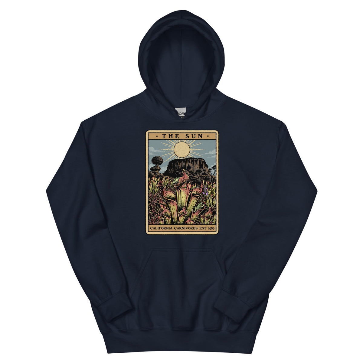 Navy Unisex hoodie with a graphic design of Heliamphora as the Sun tarot card