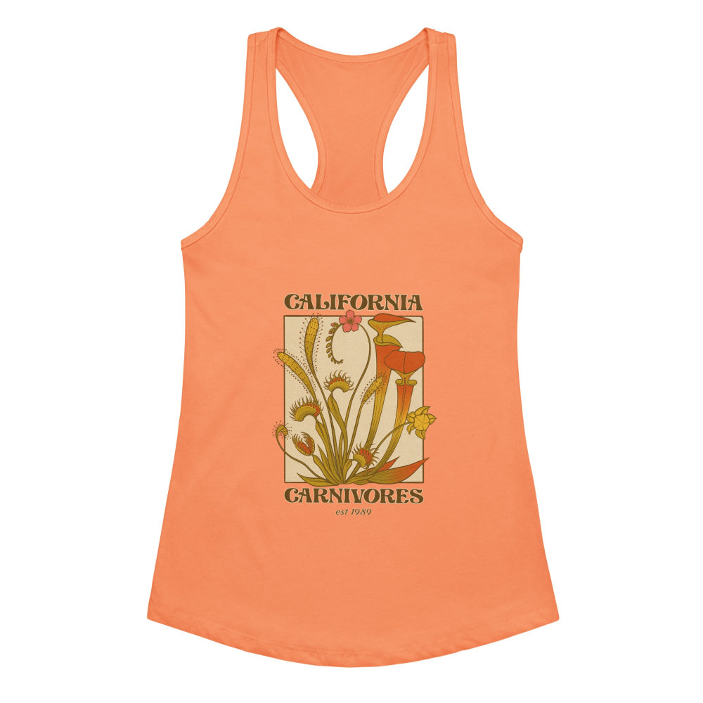 Orange tank top with a graphic design of carnivorous plants and text on a white background