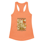 Orange tank top with a graphic design of carnivorous plants and text on a white background