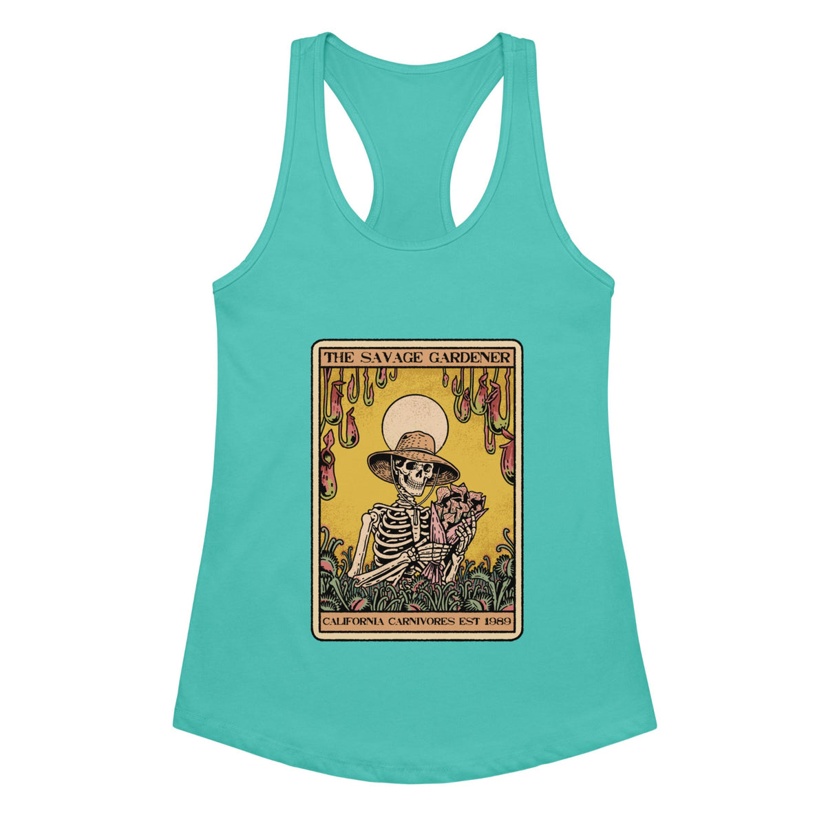 Teal tank top with a graphic design on a white background