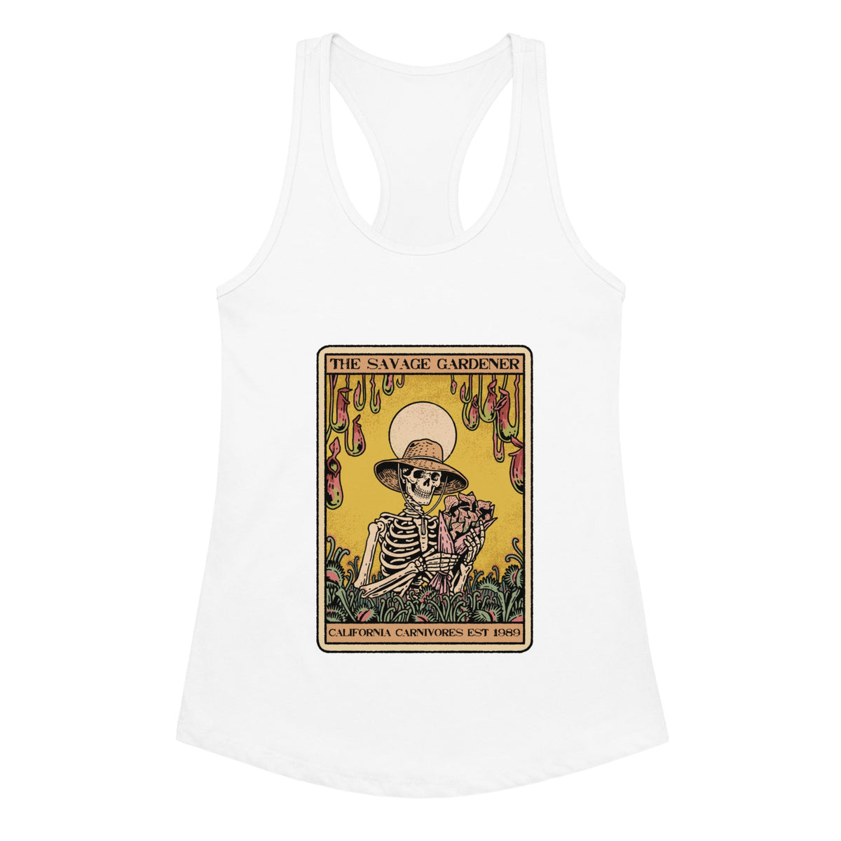 White tank top with a graphic design featuring a skeleton and text on a white background