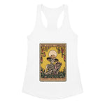 White tank top with a graphic design featuring a skeleton and text on a white background
