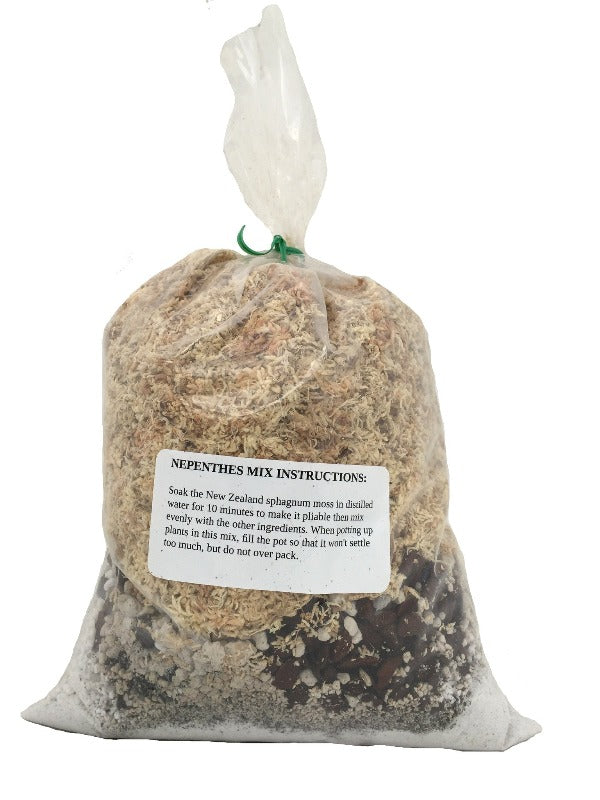 A sealed bag of soil mix labeled as 'Nepenthes Mix Instructions' for potting Nepenthes plants.